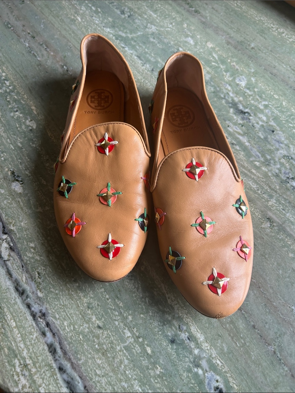Tory Burch Tan Leather Slip-On Loafers with Multicolor Star Studs